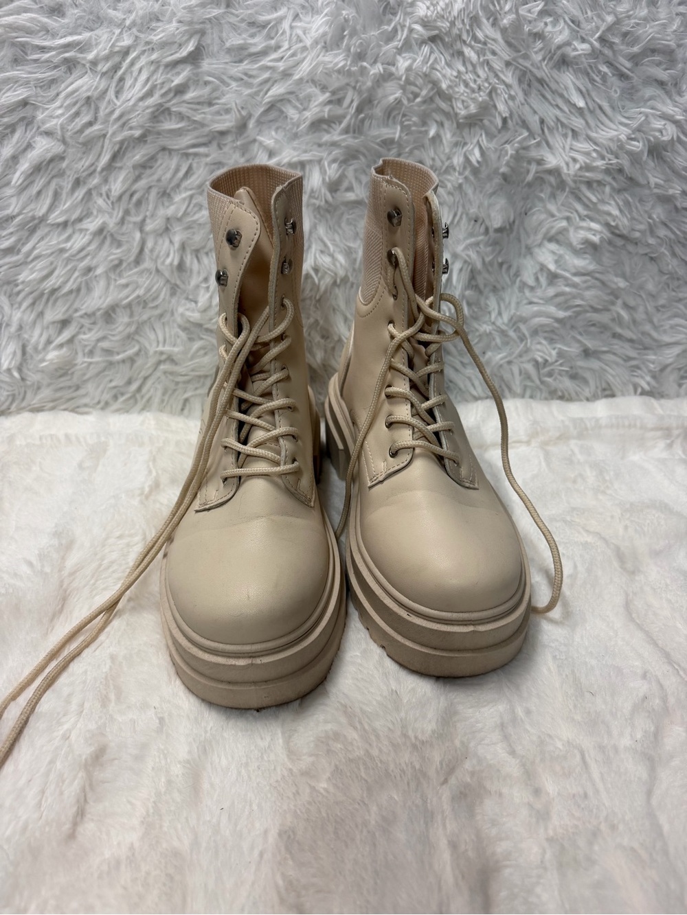 Lace-Up Platform Ankle Boots in Cream